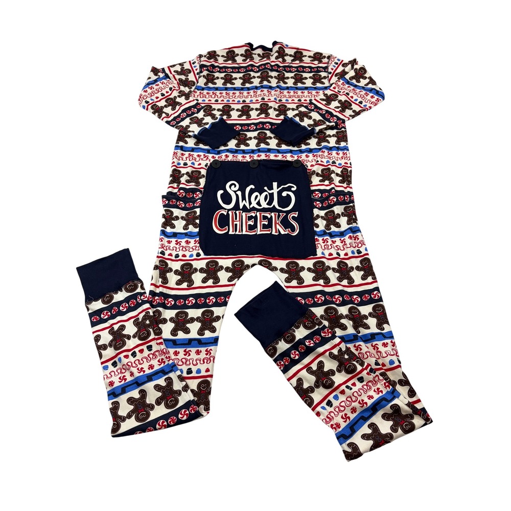 Lazy One Sweet Cheeks Gingerbread Man Union Suit Pajamas Christmas Navy Large